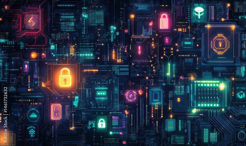 Poster digital security network with glowing padlocks and circuit board design elements