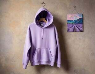 Casual lavender hoodie hanging against a textured wall with a scenic landscape painting.