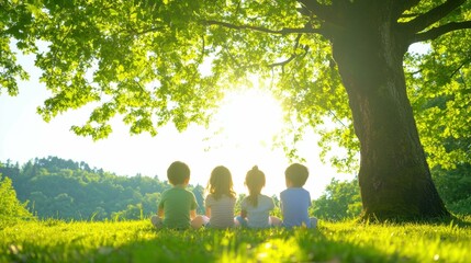 Children enjoying nature under a sunlit tree