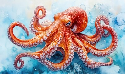 Obraz premium Vibrant orange octopus illustration with intricate details and watercolor background