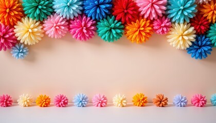 Colorful Decorative Paper Flowers Arranged Along a Soft Background for Celebrations