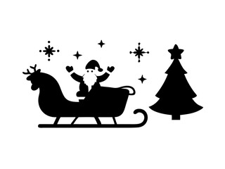  Santa in Sleigh with Reindeer and Christmas Tree Silhouette