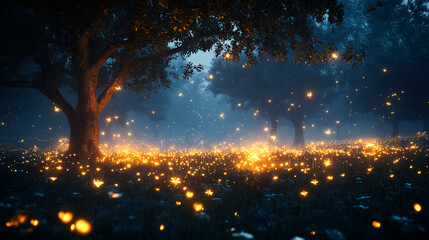 Naklejka premium Enchanted firefly meadow nocturnal scene of a misty field illuminated by countless glowing fireflies ethereal atmosphere with silhouetted trees and a starry sky creates a magical ambiance