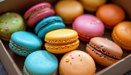 Obraz premium Assortment of Colorful French Macarons in a Box with Bright and Vibrant Shades