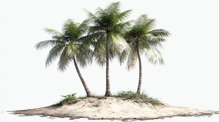 Three palm trees stand together on a small sandy island, surrounded by sparse greenery and clear skies.