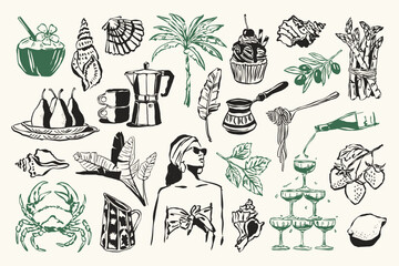 La Dolce Vita sketch style doodles collection. Art for postcards, posters, branding, logo design, background, social media.