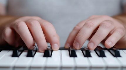 Fototapeta premium Person playing a keyboard. Hands positioned over keys, engaging in musical performance. Close-up view of the hands and instrument