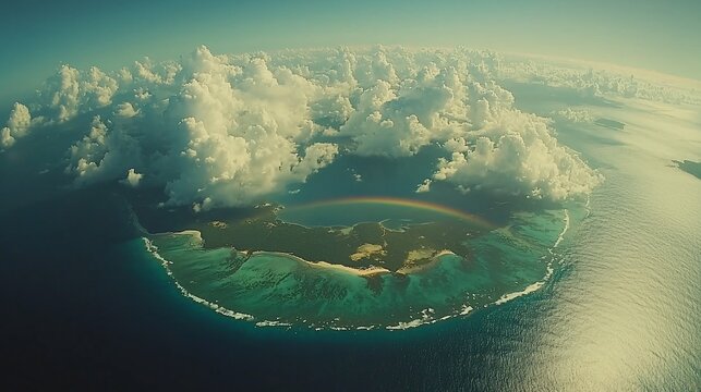 Island paradise encircled by clouds and a rainbow. Lush green vegetation, turquoise waters, and a stunning aerial view