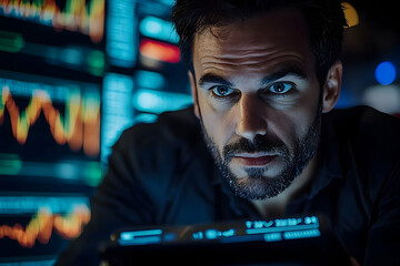 Concentrated man examines data displays at night.