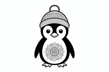 Cute Penguin in Winter Hat with Mandala Design – Black and White Vector Illustration

