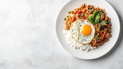 Delicious Thai basil minced pork with fried egg over rice.