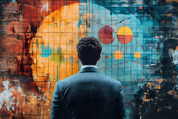 A man contemplates a vibrant mural with abstract shapes.