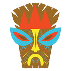 Wooden tiki mask illustration. Tribal wooden mask totem in hawaiian style. Tribal tiki idol head.