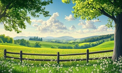 Naklejka premium Serene countryside landscape with rolling hills, vibrant greenery, and a wooden fence
