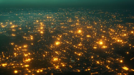 Aerial night view of a sprawling city illuminated by countless lights, creating a warm, golden glow against a dark, moody backdrop.