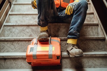 Fototapeta premium Man hurt at work. Man with tools on stairs inside