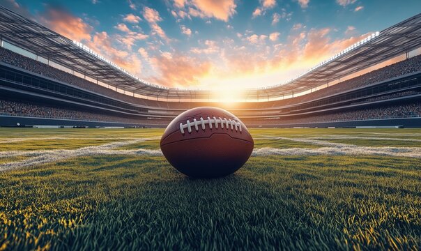 Football on Field at Sunset in Stadium with Dramatic Sky and Empty Stands