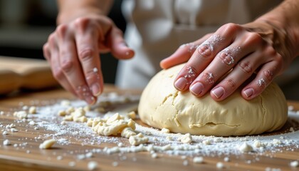 Hands Kneading Fresh Dough on Wooden Surface in a Cozy Kitchen Setting with Floured Table