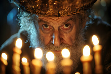 Elderly figure with crown, surrounded by burning candles.