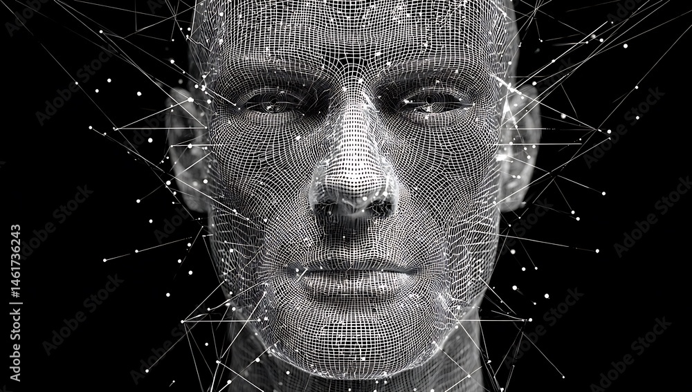 Poster abstract wireframe face connected by network lines digital art