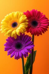 Vibrant Gerbera Daisies in Bloom Close Up Studio Shot on Orange Background Yellow Pink Purple Flowers Floral Still Life