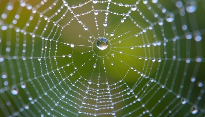 Naklejka premium Close-Up View of a Dew-Covered Spider Web Against a Soft Green Background