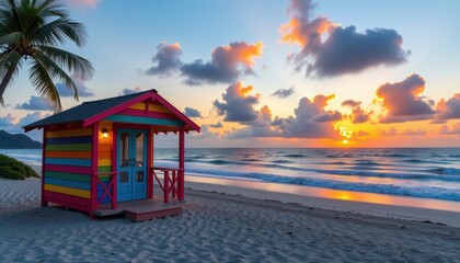 Obraz premium Colorful Beach Hut at Sunset with Vibrant Clouds Over the Ocean in a Tropical Paradise