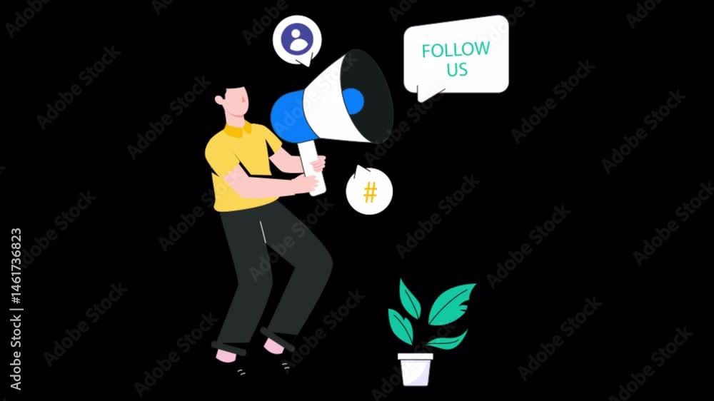 Poster follow us motion graphic rendering with transparent alpha channel and 4k resolution