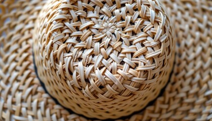 Close-Up View of Intricate Weaving on a Straw Hat Highlighting Natural Texture and Design