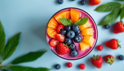Vibrant Fruit Smoothie Bowl Topped with Fresh Berries and Sliced Tropical Fruits on Blue Background