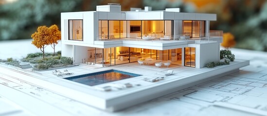 Modern Architectural House Model with Pool and Landscaping
