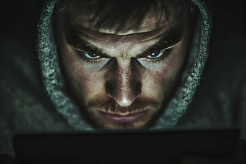 Close-up portrait of a focused man looking intently at a dark screen.