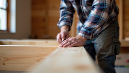 Skilled Craftsman Measuring Wooden Planks During Carpentry Work Inside a Rustic Workshop