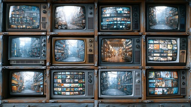 Retro Television Wall Display Vintage TVs Showing City Street Scenes Multimedia Content