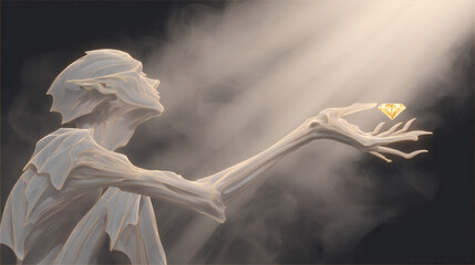 Fototapeta premium Eerie creature holding a glimmering gem dark environment digital art fantasy realm unique perspective