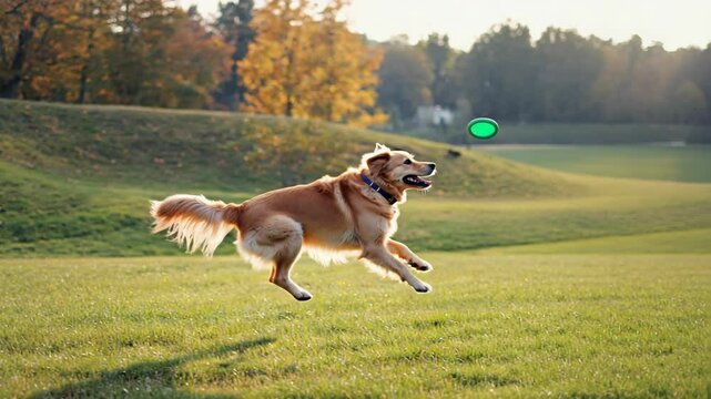 Dog catches frisbee in autumn park adventure