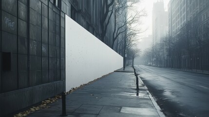 Foggy city street with a long blank white wall.
