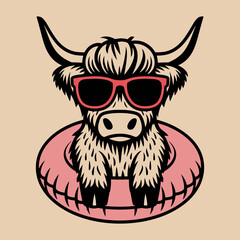 Highland Cow with Sunglasses and Swim Ring Cartoon Illustration