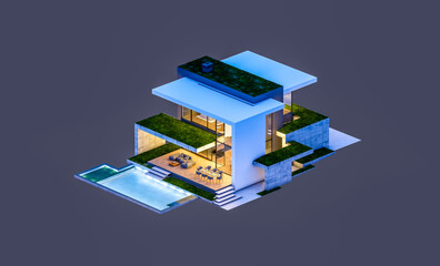 3d rendering of flat roof house with parking and pool for sale or rent with concrete facade and beautiful landscaping on background. In night isolated on black