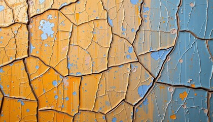 Abstract Close-Up of Cracked Paint in Bright Yellow and Soft Blue Tones on a Weathered Surface
