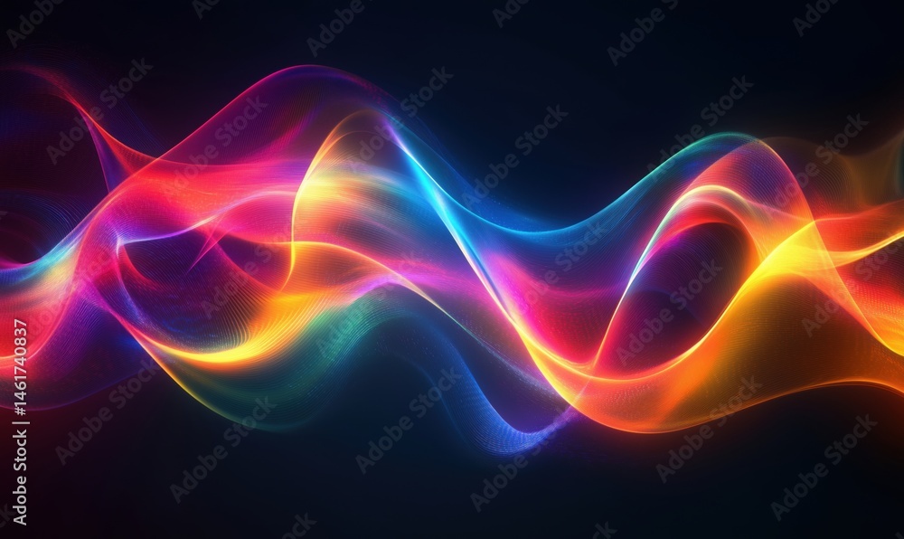 Poster colorful abstract wave patterns with glowing light effects on dark background