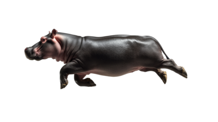 Leaping hippopotamus in motion with smooth skin and massive body featuring large cute eyes