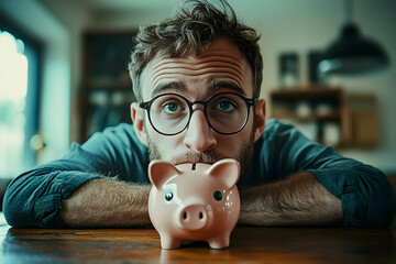 A man with glasses and a piggy bank,  expressing financial difficulty.