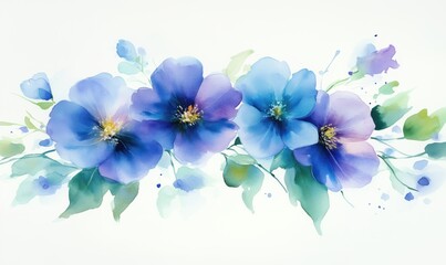 Beautiful watercolor painting of blue and purple flowers with delicate green leaves
