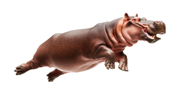 Floating hippopotamus in mid-air captured in dynamic pose with mouth open wide