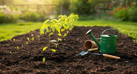 Newly planted tree seedlings in fertile soil, with gardening tools nearby