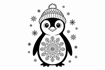 Cute Penguin in Winter Hat with Mandala Design – Black and White Vector Illustration

