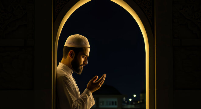 Muslim Man Praying Night Prayer Islamic Faith Spirituality Ramadan