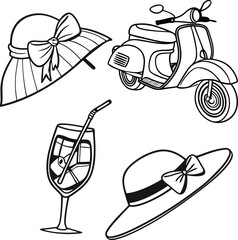 Vector illustration design features a line art drawing of a set of food and drink icons, a vintage cartoon symbol set