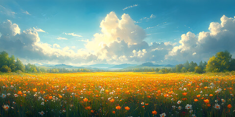 Obraz premium Vibrant meadow with orange and white flowers under blue sky and mountains